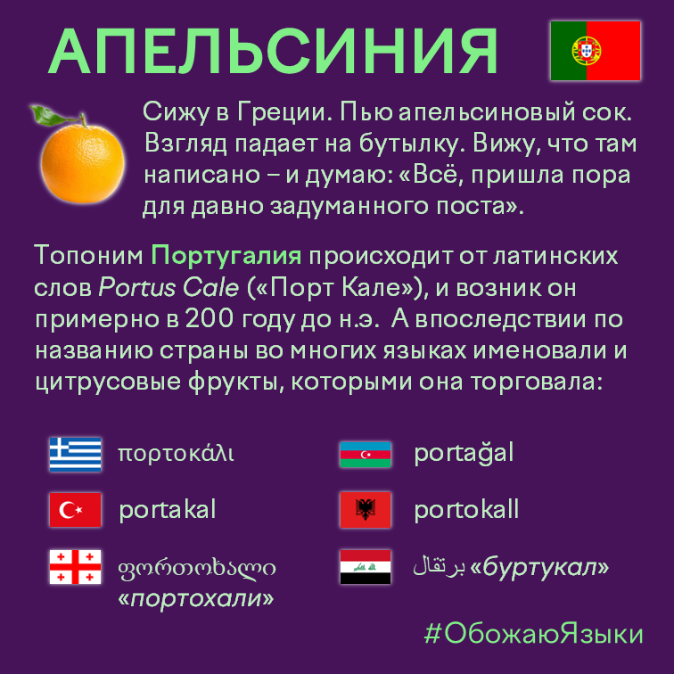 Апельсиния – как название Португалии стало словом «апельсин» в разных языках