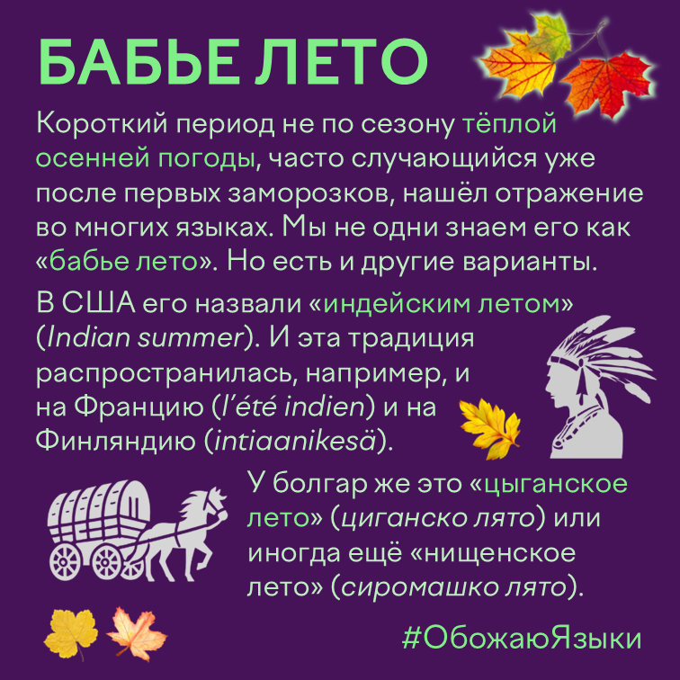 Бабье лето – как тёплую осеннюю погоду называют в английском, французском, финском и болгарском