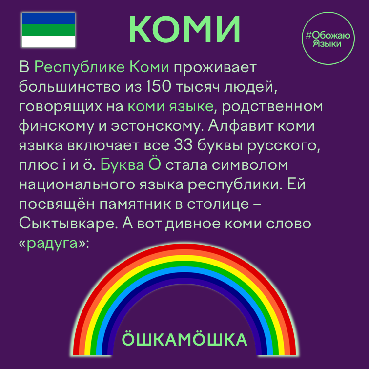 Коми — финно-угорский язык Республики Коми и слово «ӧшкамӧшка» (радуга)