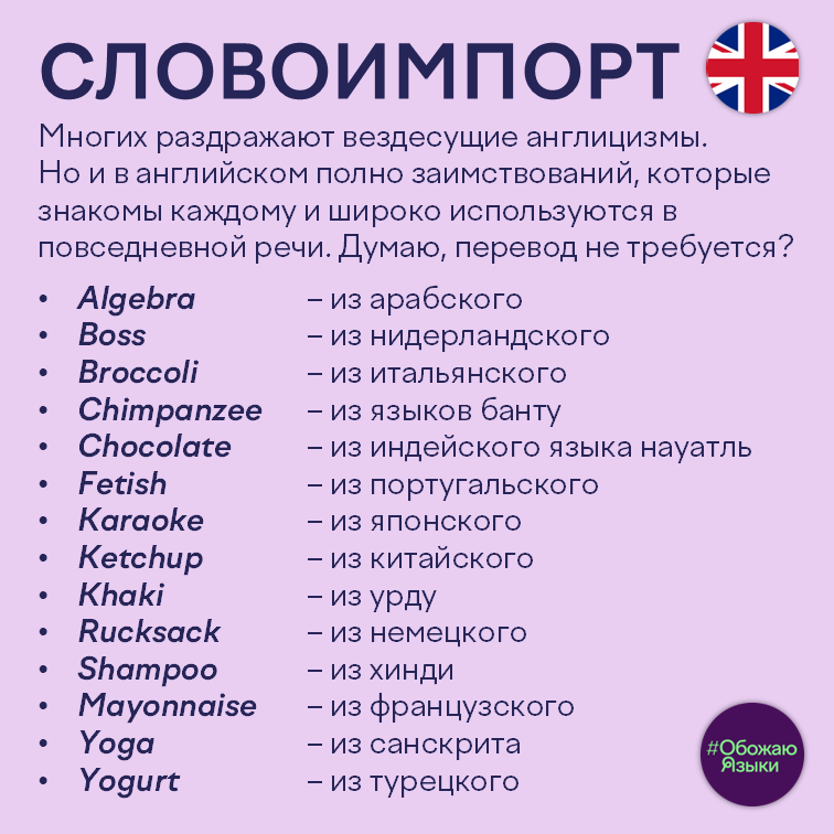 Словоимпорт – заимствованные слова в английском языке: algebra, broccoli, chocolate, ketchup, yoga и другие