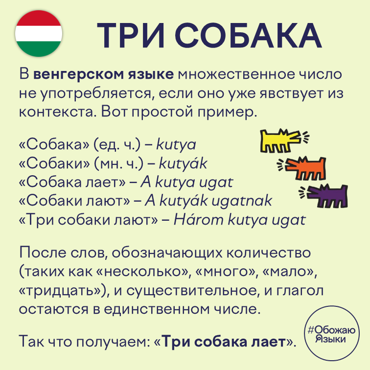 Три собака — особенность венгерской грамматики: после числительных существительное остаётся в единственном числе
