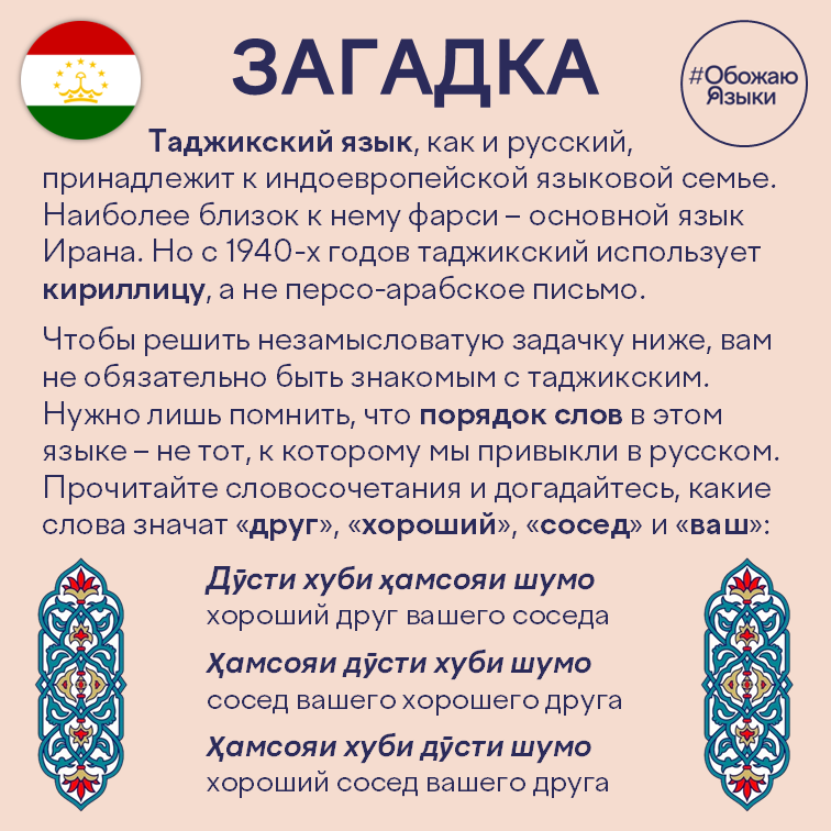 Загадка таджикский — лингвистическая головоломка про порядок слов в таджикском языке