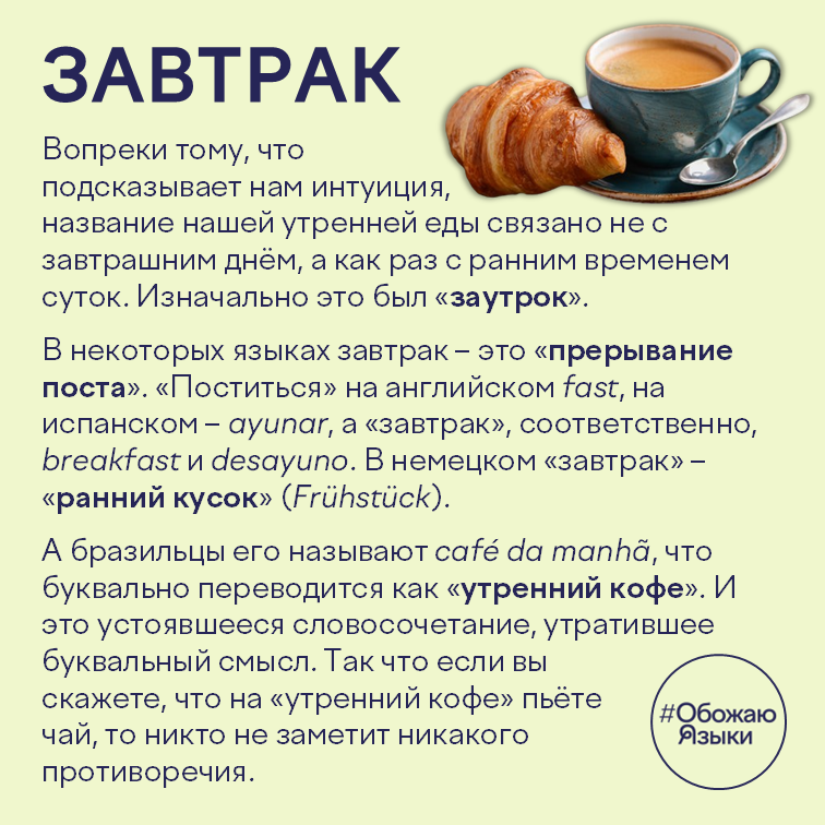 Завтрак – этимология слова в русском, английском, испанском, немецком и бразильском португальском